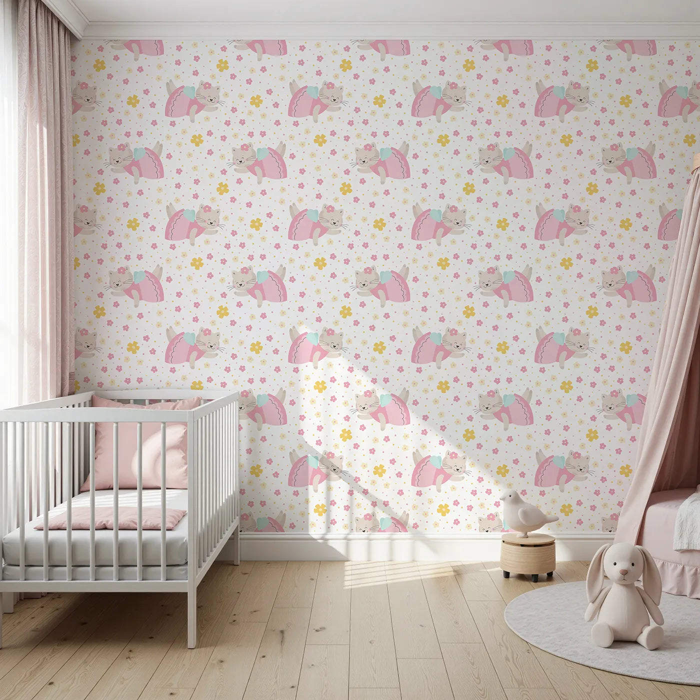 Front view of Whimsy Tots' Ballerina Cat Garden Wallpaper in White