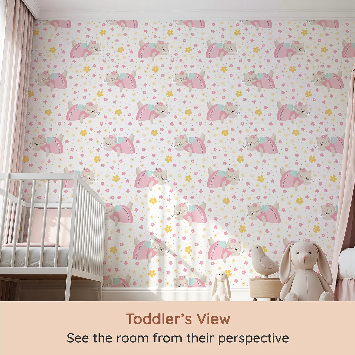 Whimsy Tots Ballerina Cat Garden Wallpaper in White (W2333) from your child's view.Where a sweet ballerina cat floats through a field of flowers.