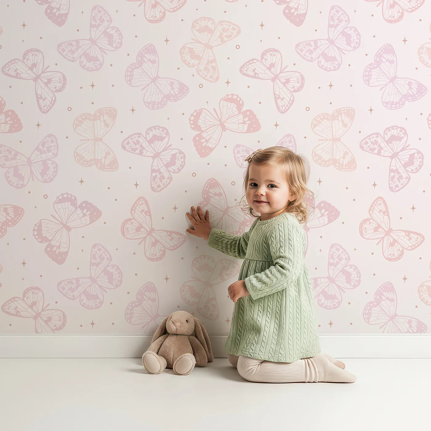 Lovely child standing in front of Whimsy Tots Pastel Butterfly Sky Wallpaper with butterfly, pastel, pink, silhouette, star in design.