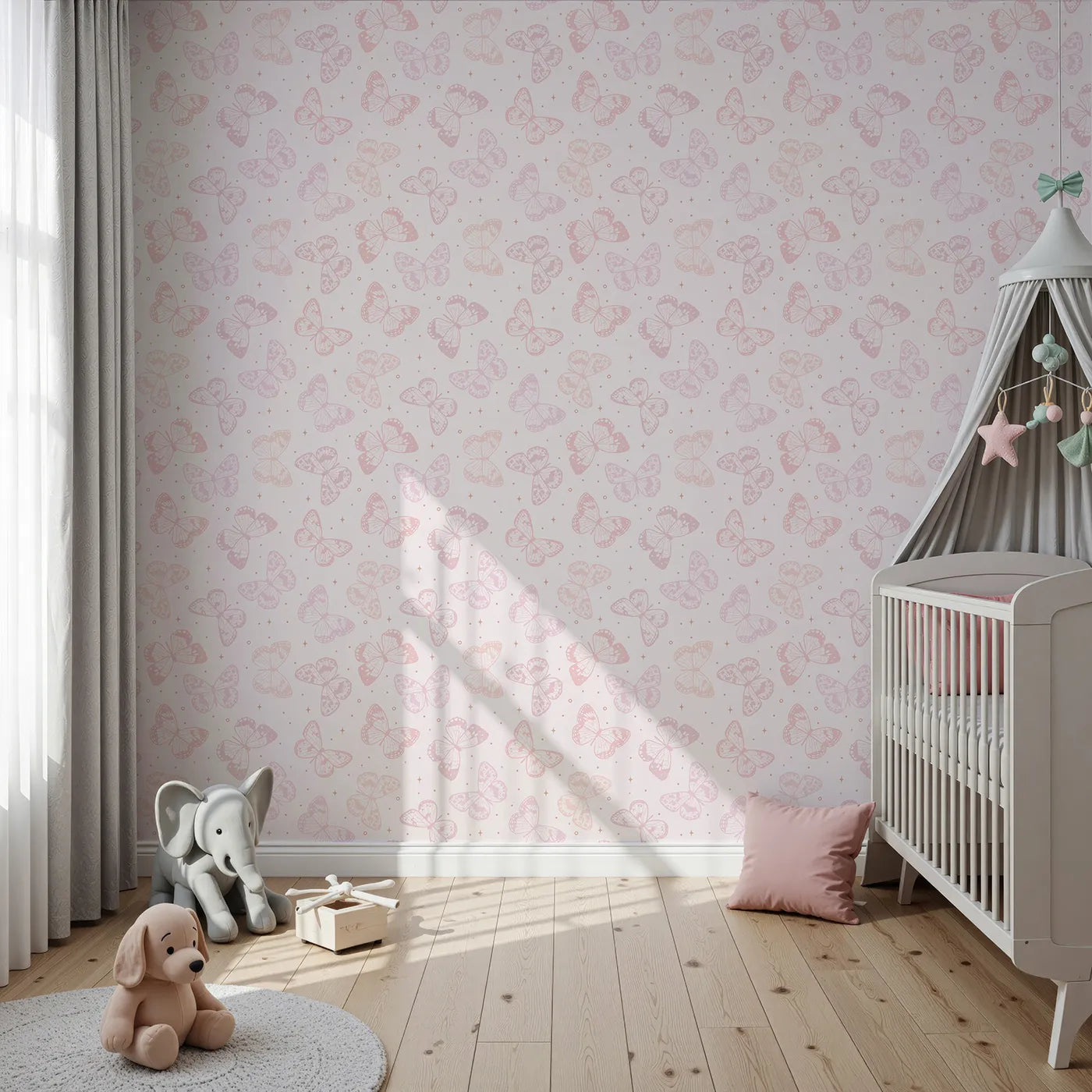 Front view of Whimsy Tots' Pastel Butterfly Sky Wallpaper