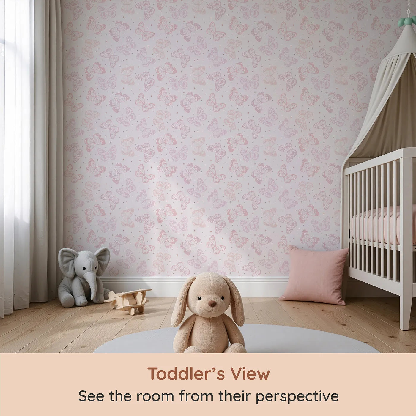Whimsy Tots Pastel Butterfly Sky Wallpaper (W2334) from your child's view.Where a kaleidoscope of soft butterflies flutters and flies.