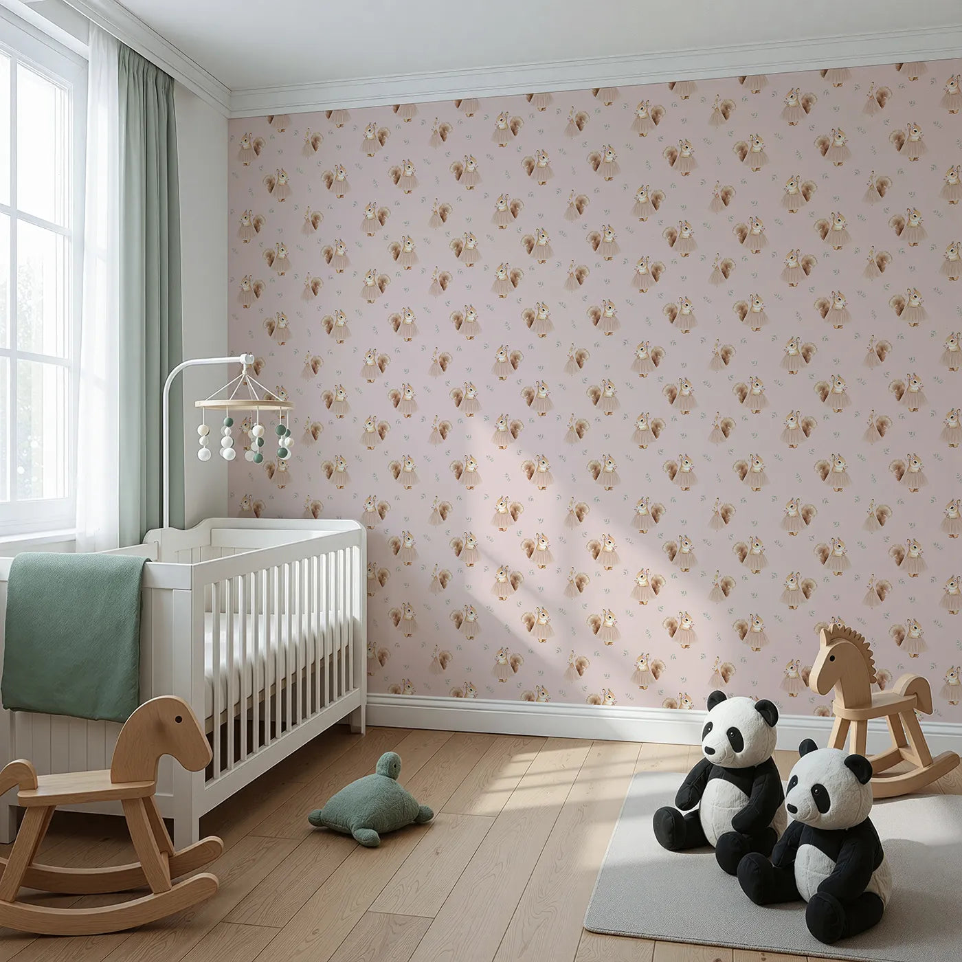 Angled view of Whimsy Tots' Ballerina Squirrel Wallpaper (W2335).Where a graceful squirrel is ready for her grand debut.