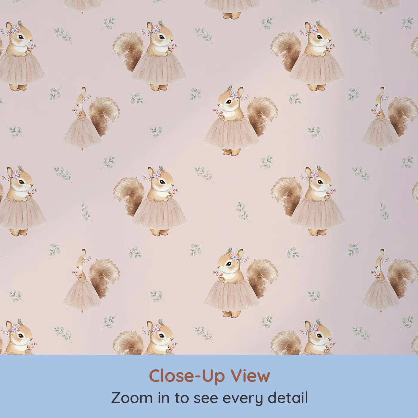 Close-up view of Whimsy Tots' Ballerina Squirrel Wallpaper (W2335).Where a graceful squirrel is ready for her grand debut.