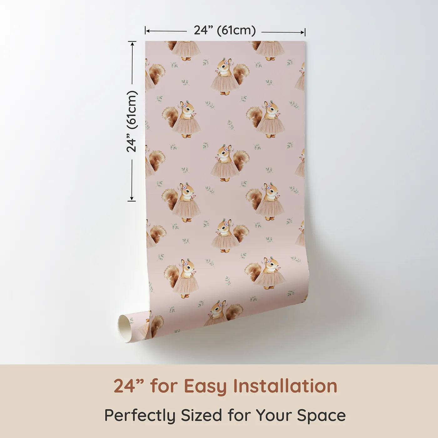 Dimension view of Whimsy Tots Ballerina Squirrel Wallpaper (W2335). Printed in 24-inch-wide panel for easy installation. Where a graceful squirrel is ready for her grand debut.
