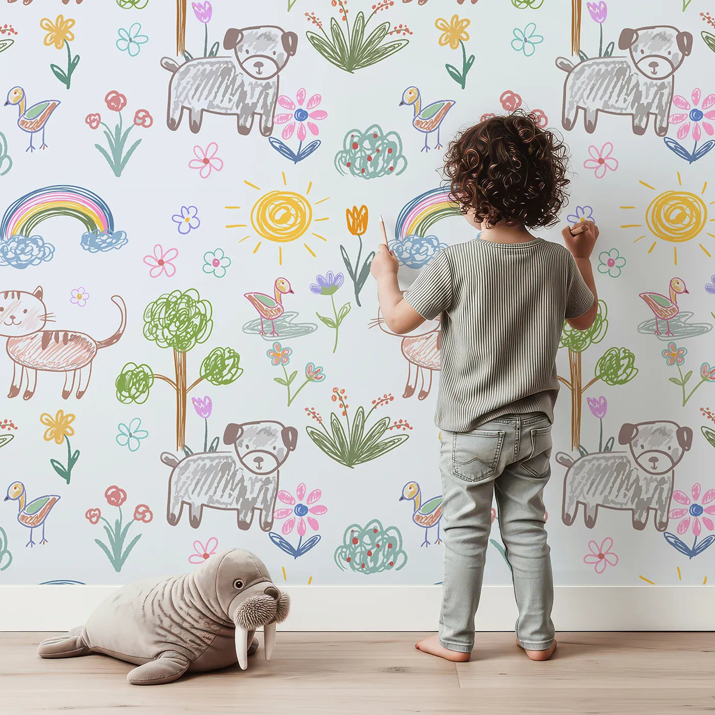 Lovely child standing in front of Whimsy Tots Kids Crayon Drawing Wallpaper with drawing, crayon, kids art, cat, dog in design.