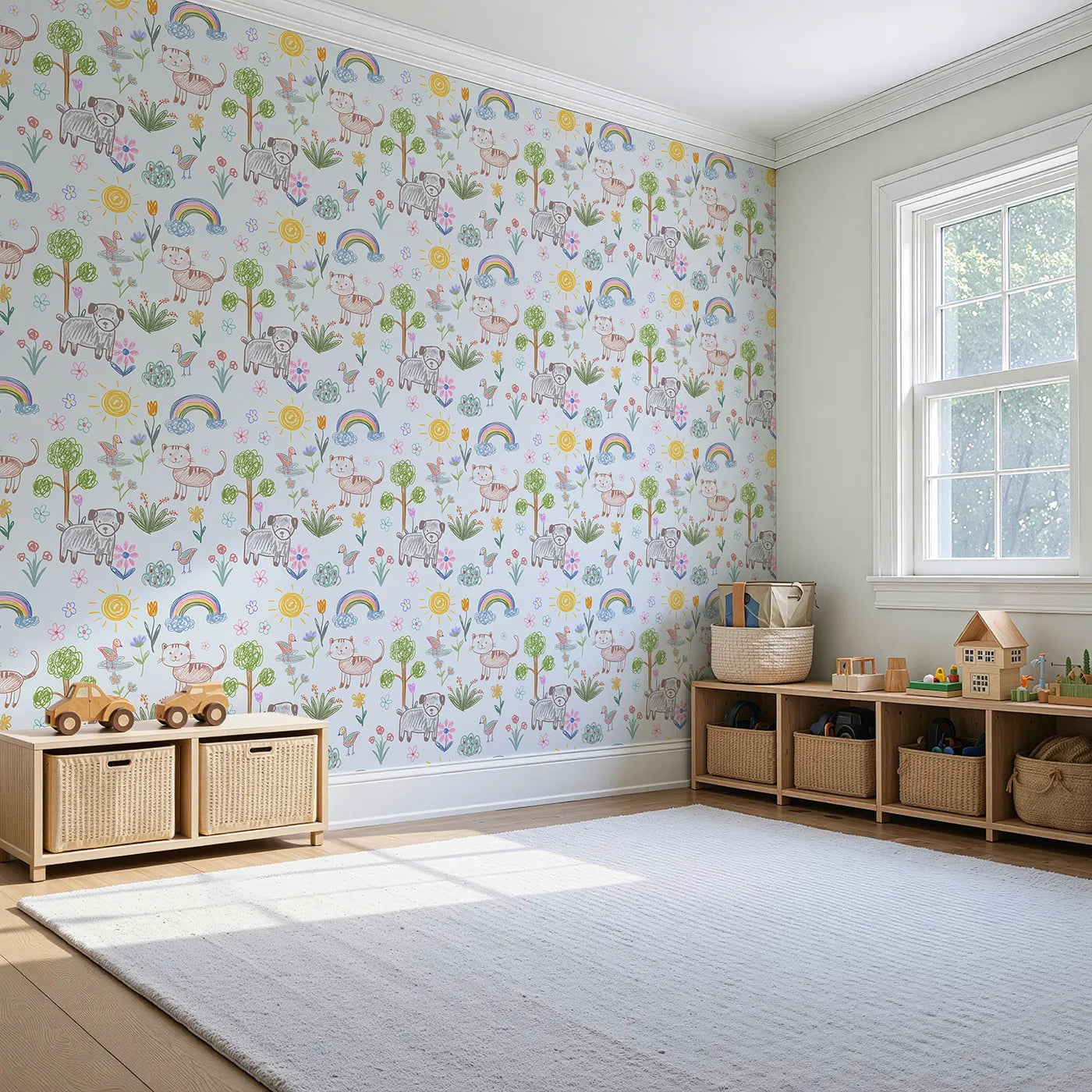 Angled view of Whimsy Tots' Kids Crayon Drawing Wallpaper (W2336).Where a child's own drawings of a happy day come to life.