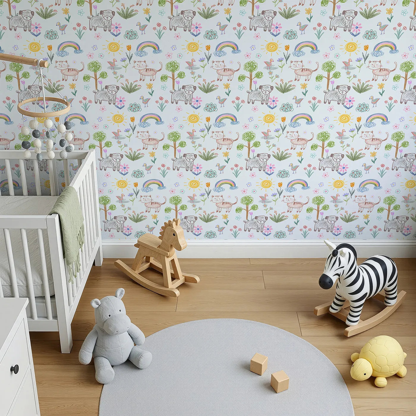 Top-Down view of Whimsy Tots' Kids Crayon Drawing Wallpaper (W2336).Where a child's own drawings of a happy day come to life.
