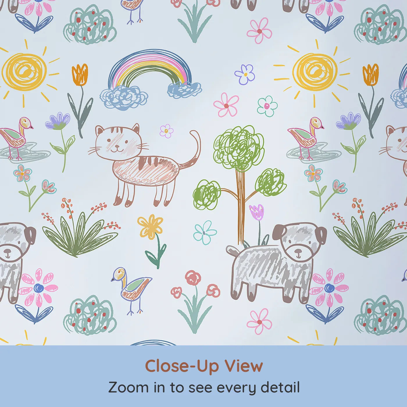 Close-up view of Whimsy Tots' Kids Crayon Drawing Wallpaper (W2336).Where a child's own drawings of a happy day come to life.