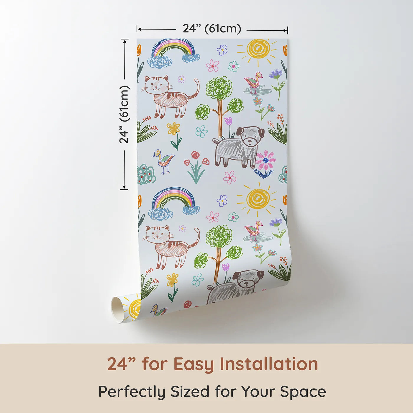 Dimension view of Whimsy Tots Kids Crayon Drawing Wallpaper (W2336). Printed in 24-inch-wide panel for easy installation. Where a child's own drawings of a happy day come to life.