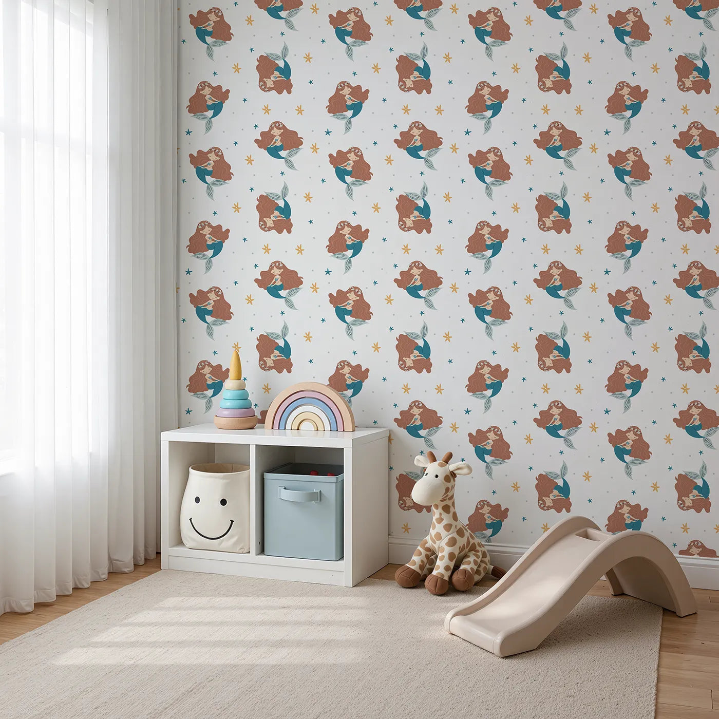 Angled view of Whimsy Tots' Boho Mermaid Dreams Wallpaper (W2337).Where a sleepy mermaid dreams among the starfish.