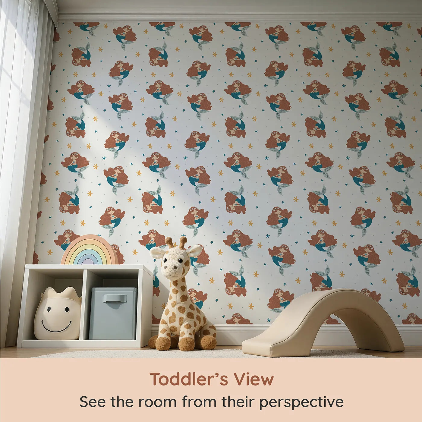 Whimsy Tots Boho Mermaid Dreams Wallpaper (W2337) from your child's view.Where a sleepy mermaid dreams among the starfish.