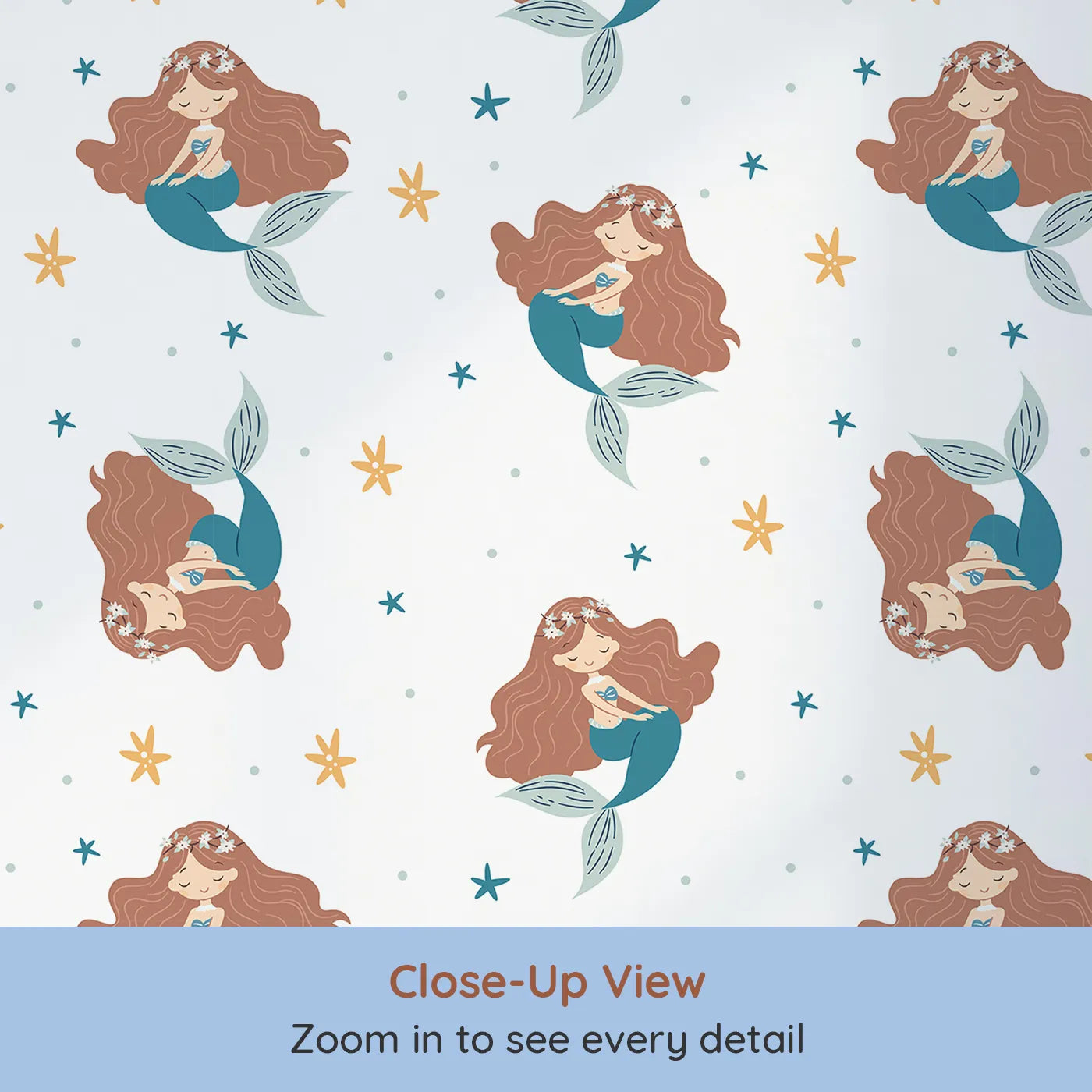 Close-up view of Whimsy Tots' Boho Mermaid Dreams Wallpaper (W2337).Where a sleepy mermaid dreams among the starfish.