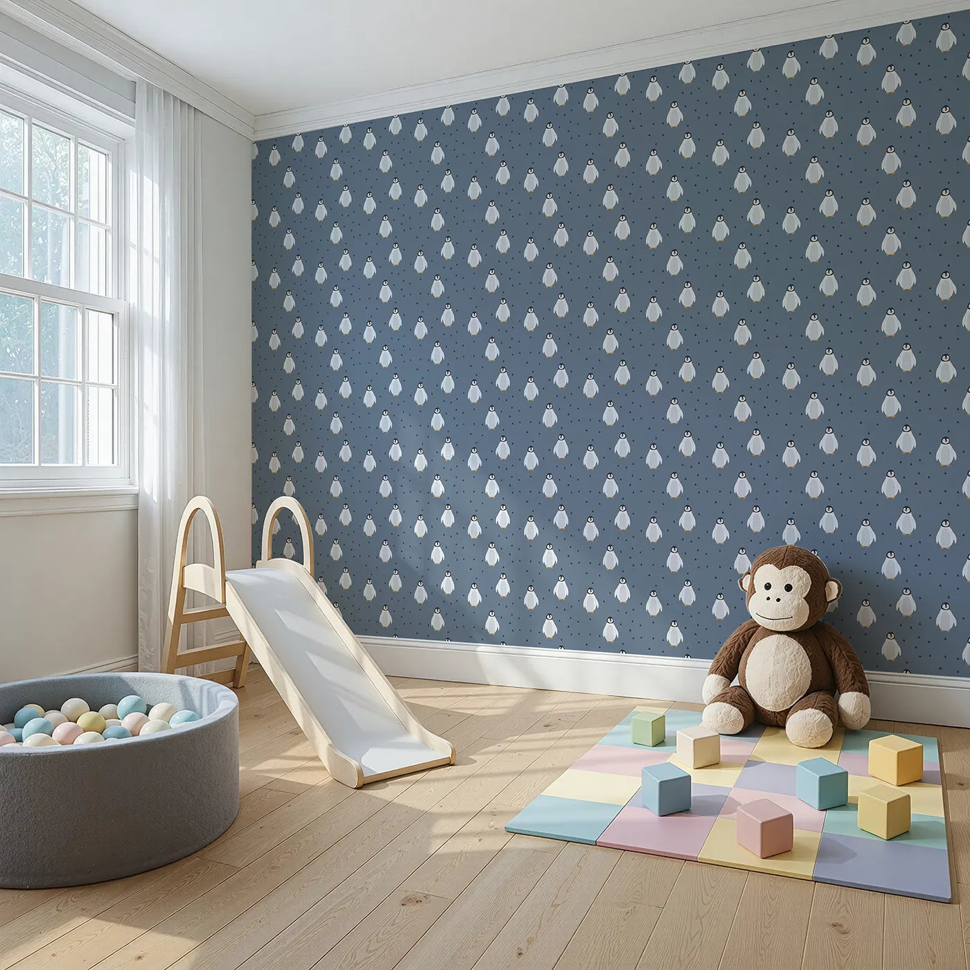 Angled view of Whimsy Tots' Penguin Pals Parade Wallpaper (W2338).Where a colony of cute penguins is ready to waddle and play.