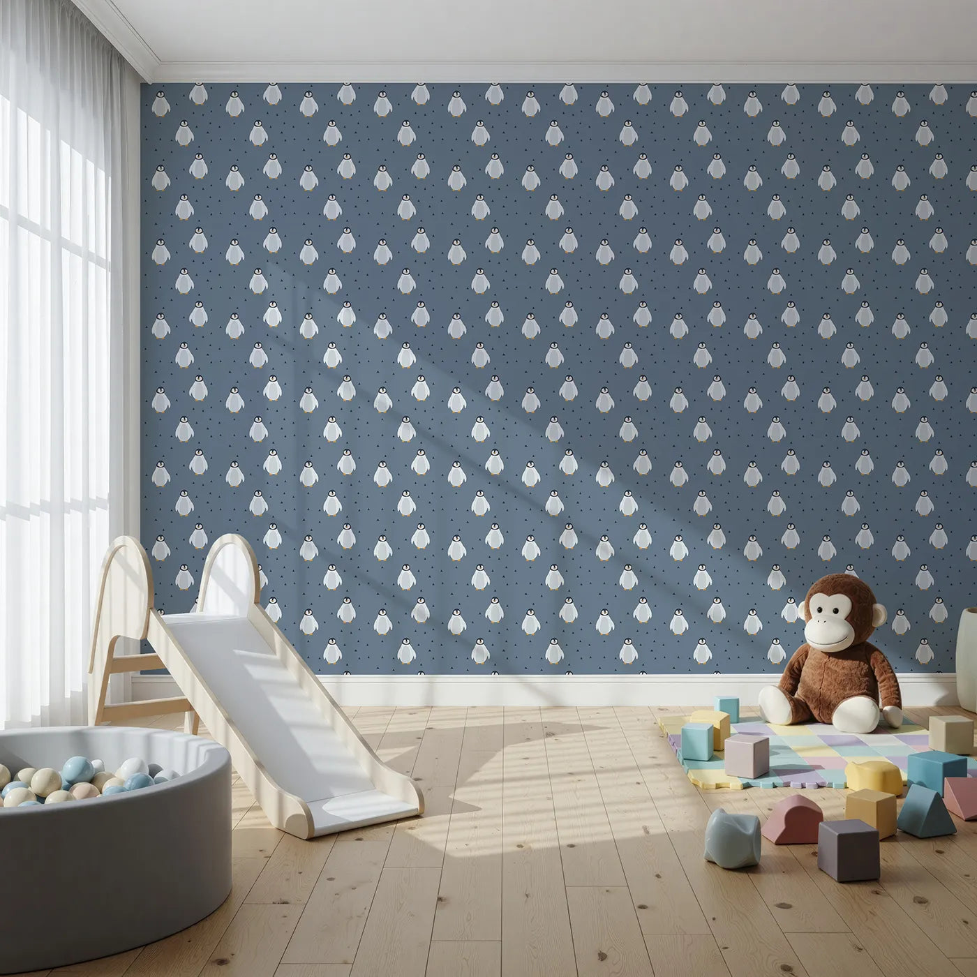 Front view of Whimsy Tots' Penguin Pals Parade Wallpaper