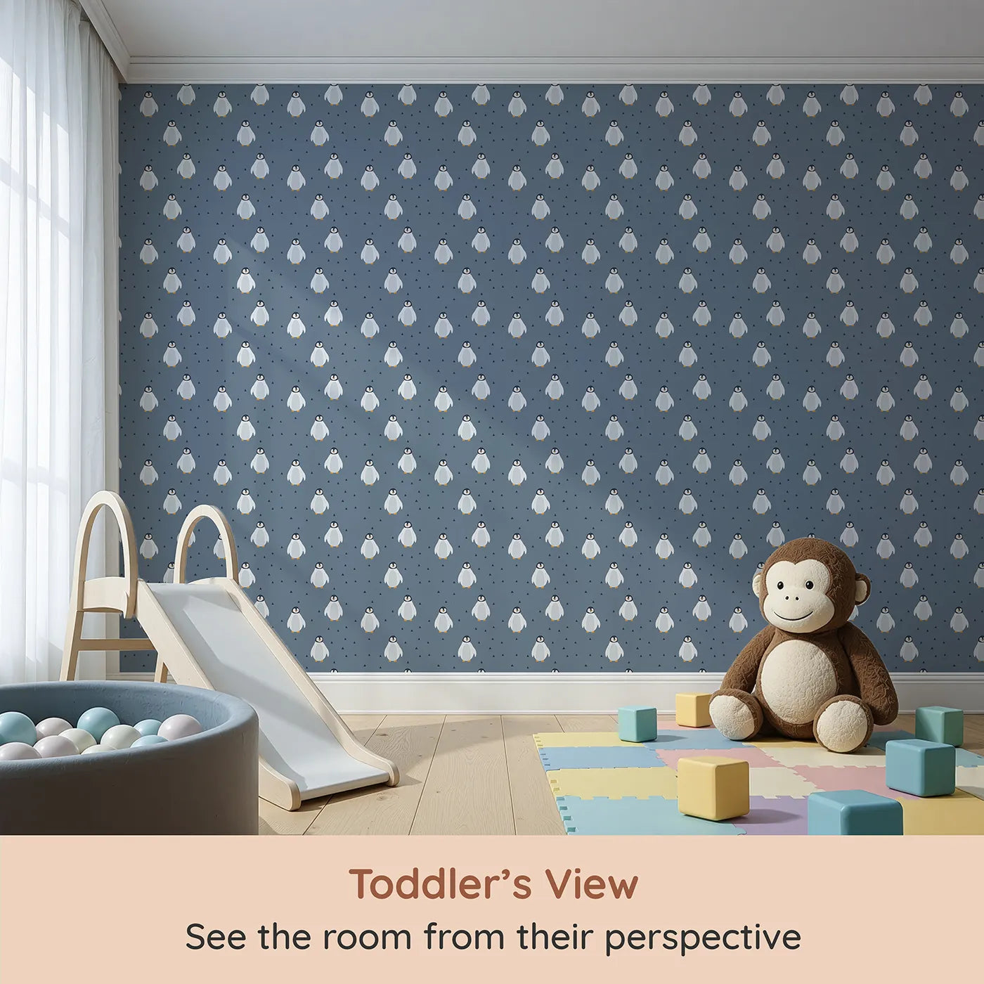 Whimsy Tots Penguin Pals Parade Wallpaper (W2338) from your child's view.Where a colony of cute penguins is ready to waddle and play.