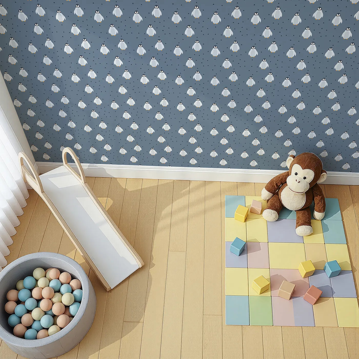 Top-Down view of Whimsy Tots' Penguin Pals Parade Wallpaper (W2338).Where a colony of cute penguins is ready to waddle and play.