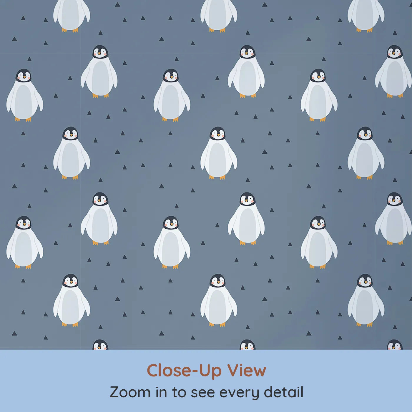 Close-up view of Whimsy Tots' Penguin Pals Parade Wallpaper (W2338).Where a colony of cute penguins is ready to waddle and play.