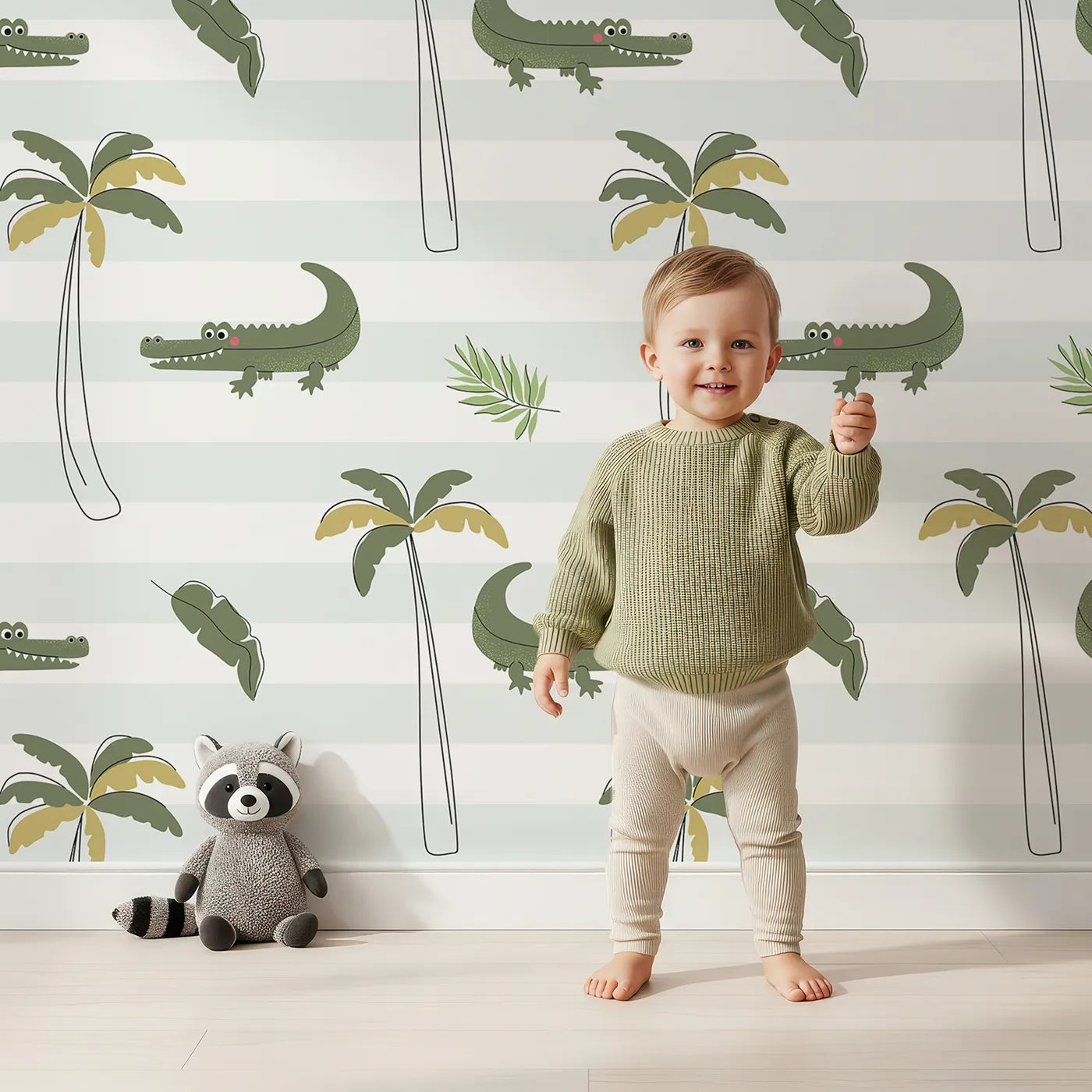 Lovely child standing in front of Whimsy Tots Striped Crocodile Jungle Wallpaper with crocodile, palm tree, tropical, stripe, modern in design.