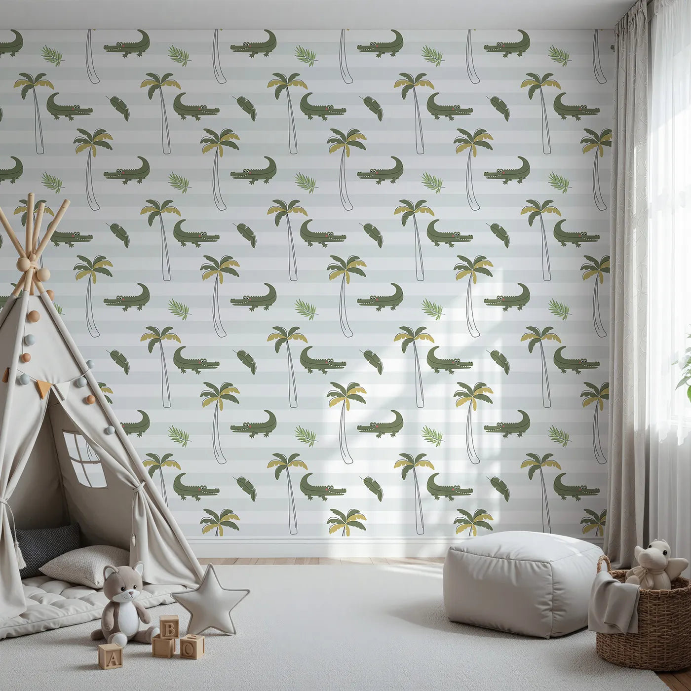 Front view of Whimsy Tots' Striped Crocodile Jungle Wallpaper