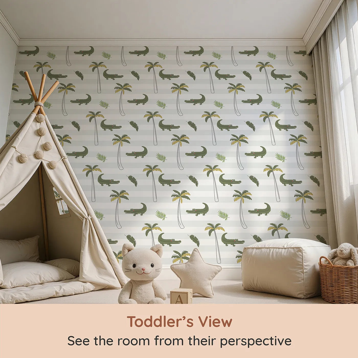 Whimsy Tots Striped Crocodile Jungle Wallpaper (W2339) from your child's view.Where a cool crocodile chills out among the palm trees.