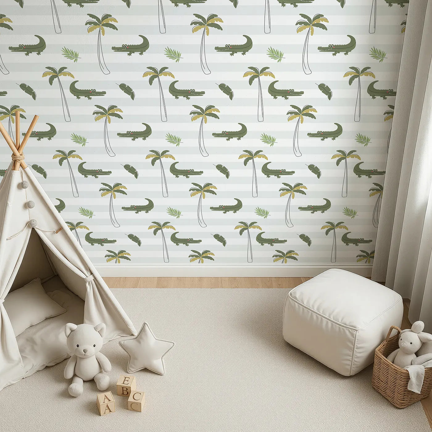 Top-Down view of Whimsy Tots' Striped Crocodile Jungle Wallpaper (W2339).Where a cool crocodile chills out among the palm trees.