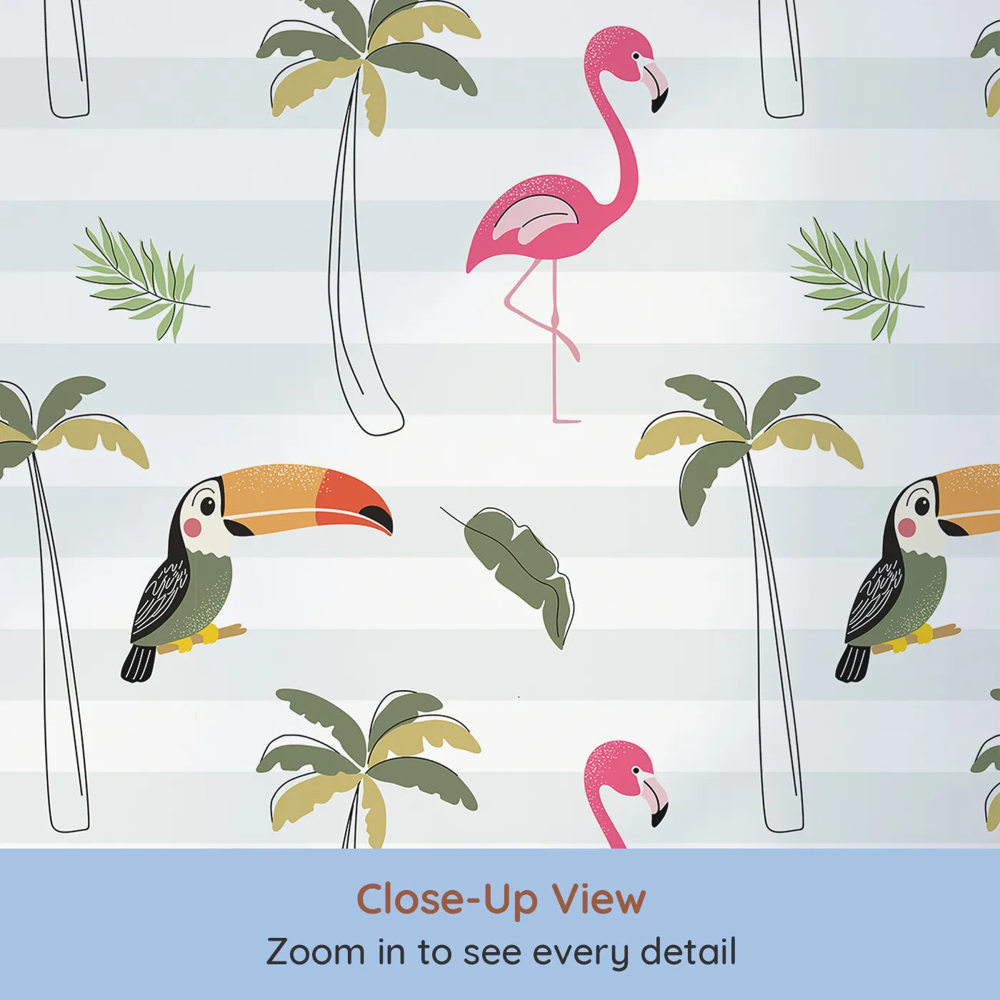 Close-up view of Whimsy Tots' Striped Tropical Birds Wallpaper (W2340).Where colorful, tropical birds perch among the palm trees.