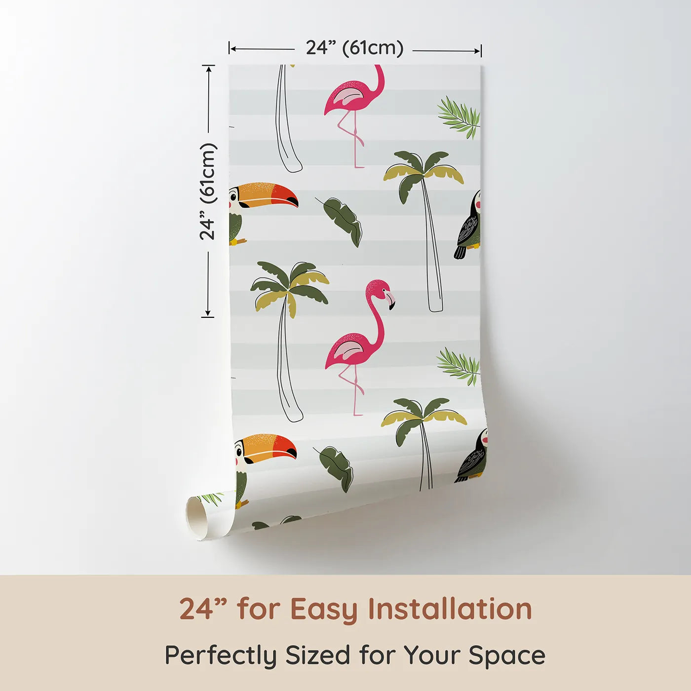Dimension view of Whimsy Tots Striped Tropical Birds Wallpaper (W2340). Printed in 24-inch-wide panel for easy installation. Where colorful, tropical birds perch among the palm trees.