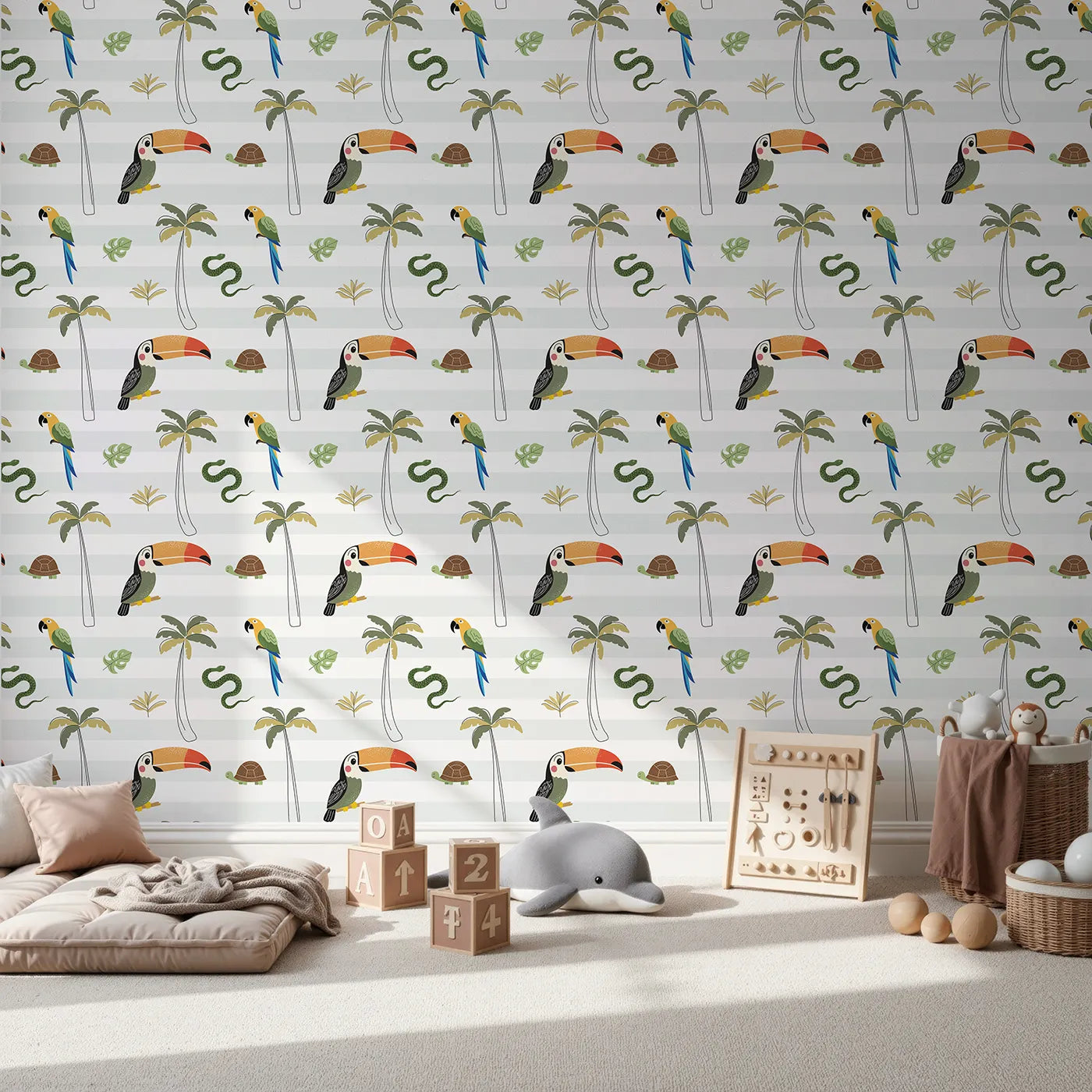 Front view of Whimsy Tots' Striped Jungle Reptiles Wallpaper