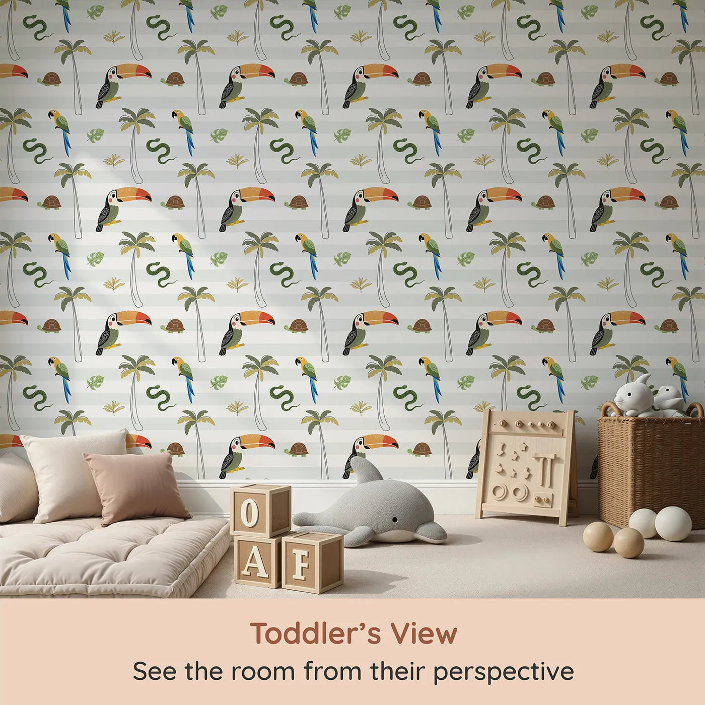 Whimsy Tots Striped Jungle Reptiles Wallpaper (W2341) from your child's view.Where cool jungle creatures hang out among the palm trees.