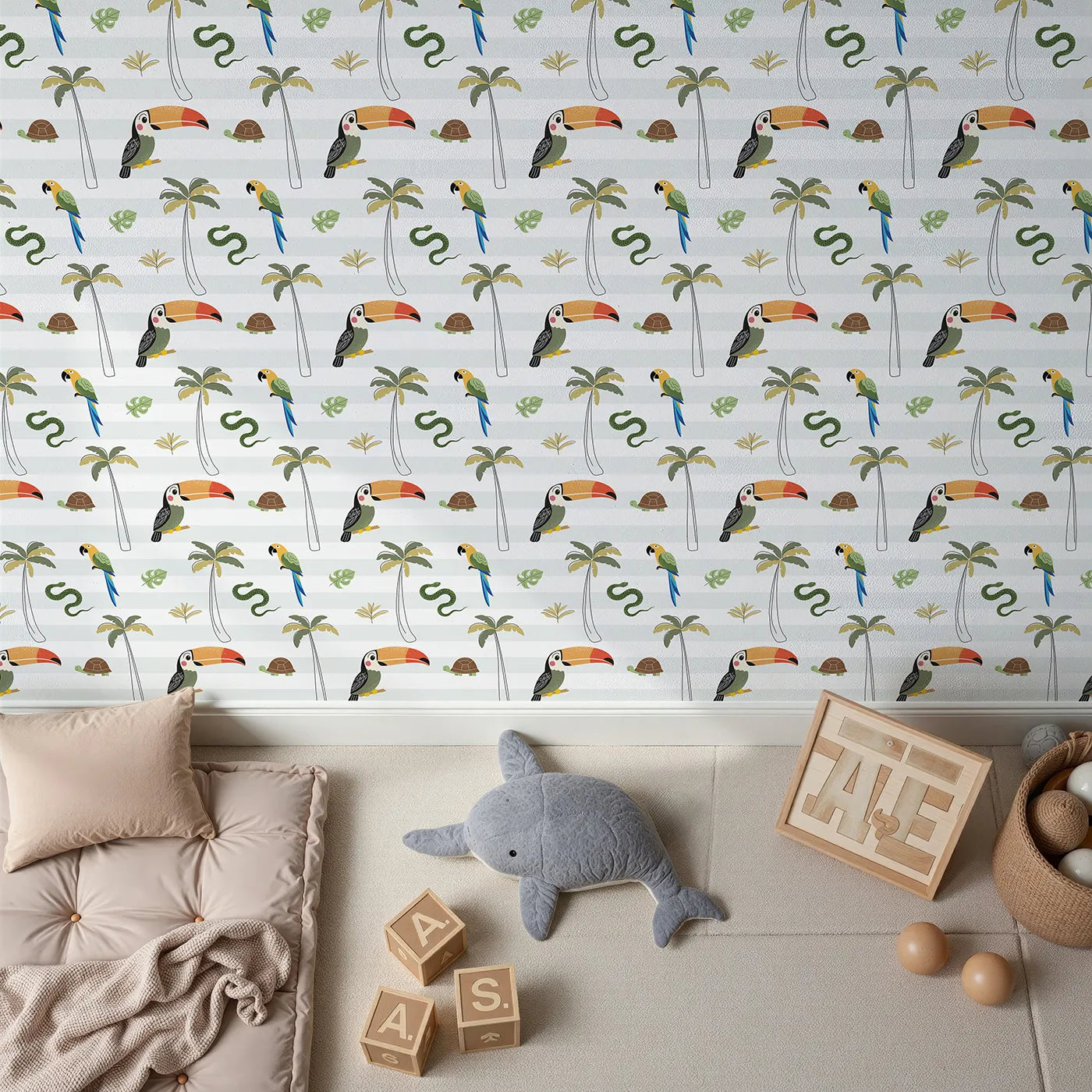 Top-Down view of Whimsy Tots' Striped Jungle Reptiles Wallpaper (W2341).Where cool jungle creatures hang out among the palm trees.