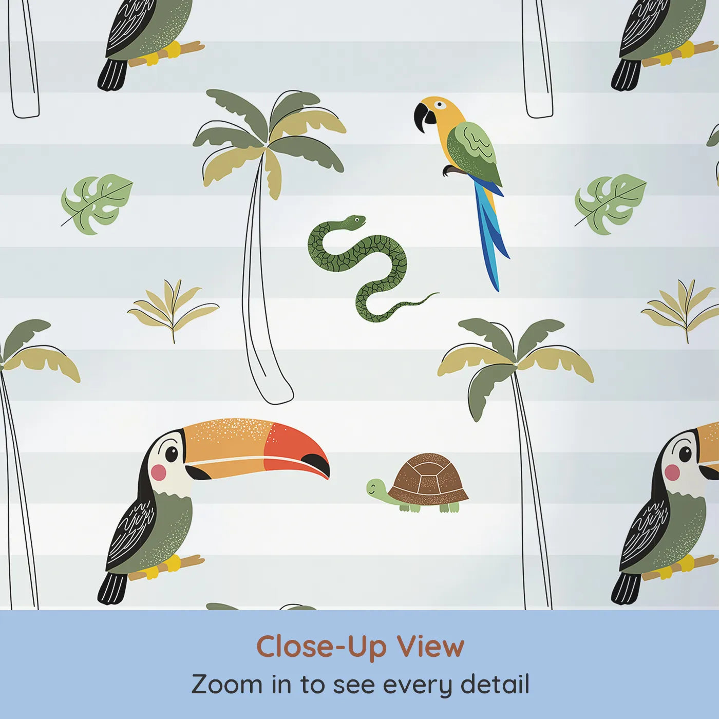 Close-up view of Whimsy Tots' Striped Jungle Reptiles Wallpaper (W2341).Where cool jungle creatures hang out among the palm trees.