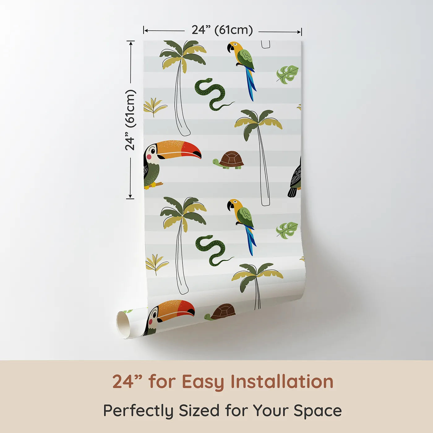 Dimension view of Whimsy Tots Striped Jungle Reptiles Wallpaper (W2341). Printed in 24-inch-wide panel for easy installation. Where cool jungle creatures hang out among the palm trees.