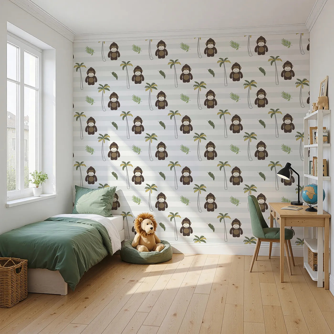 Angled view of Whimsy Tots' Striped Monkey Jungle Wallpaper (W2342).Where a cheeky monkey is ready for some playful fun.