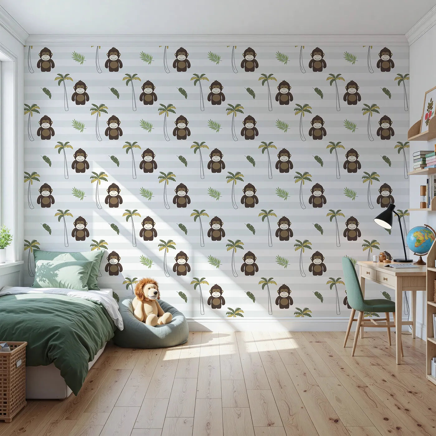 Front view of Whimsy Tots' Striped Monkey Jungle Wallpaper