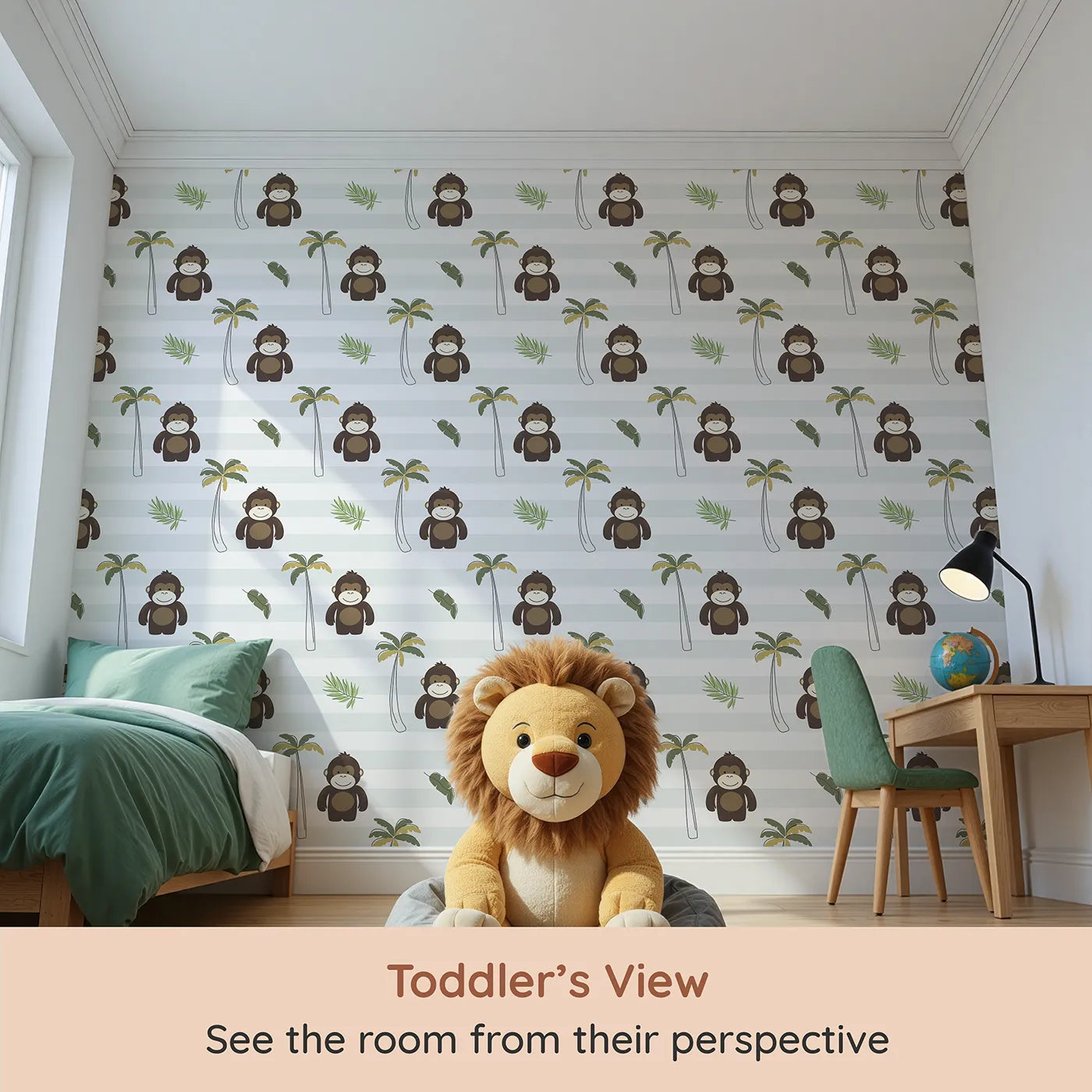 Whimsy Tots Striped Monkey Jungle Wallpaper (W2342) from your child's view.Where a cheeky monkey is ready for some playful fun.
