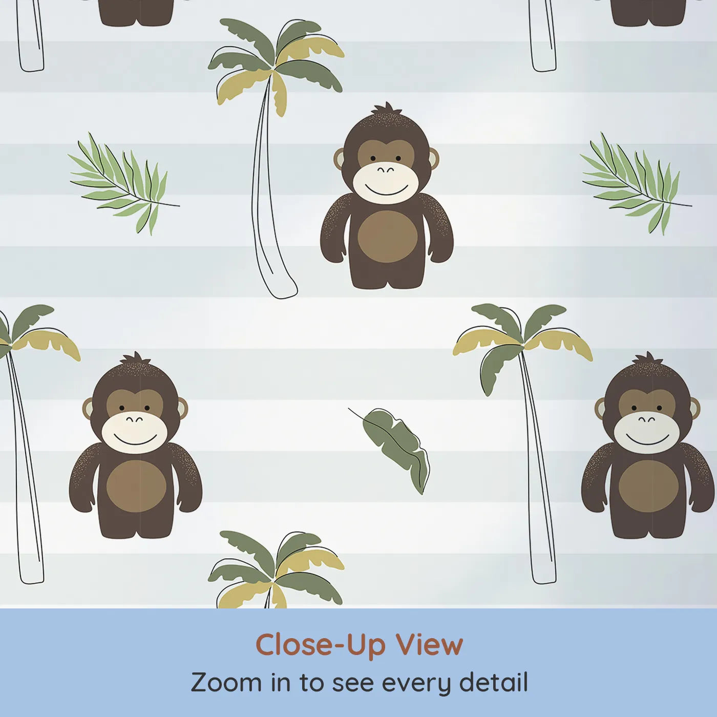 Close-up view of Whimsy Tots' Striped Monkey Jungle Wallpaper (W2342).Where a cheeky monkey is ready for some playful fun.