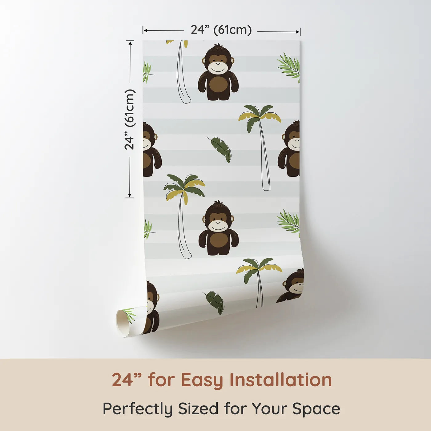 Dimension view of Whimsy Tots Striped Monkey Jungle Wallpaper (W2342). Printed in 24-inch-wide panel for easy installation. Where a cheeky monkey is ready for some playful fun.
