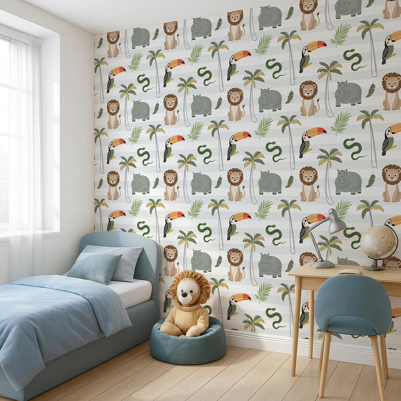 Angled view of Whimsy Tots' Striped Safari Friends Wallpaper (W2343).Where a whole crew of safari animals is ready for adventure.