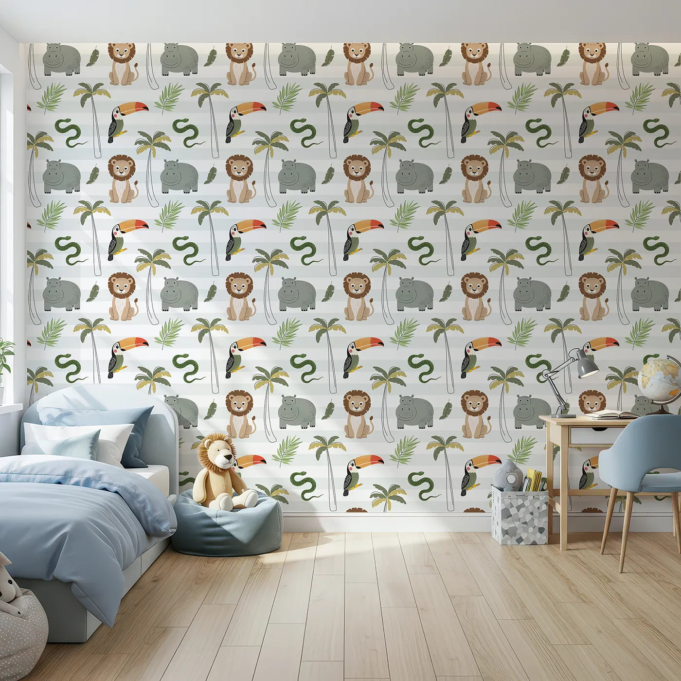 Front view of Whimsy Tots' Striped Safari Friends Wallpaper