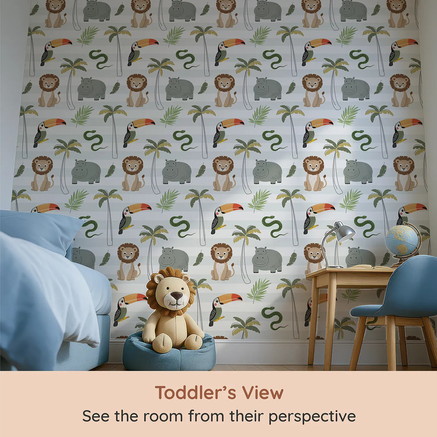 Whimsy Tots Striped Safari Friends Wallpaper (W2343) from your child's view.Where a whole crew of safari animals is ready for adventure.