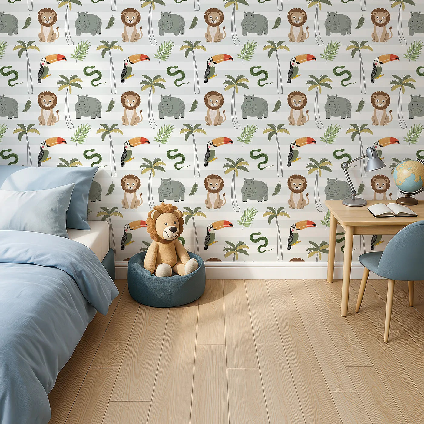 Top-Down view of Whimsy Tots' Striped Safari Friends Wallpaper (W2343).Where a whole crew of safari animals is ready for adventure.