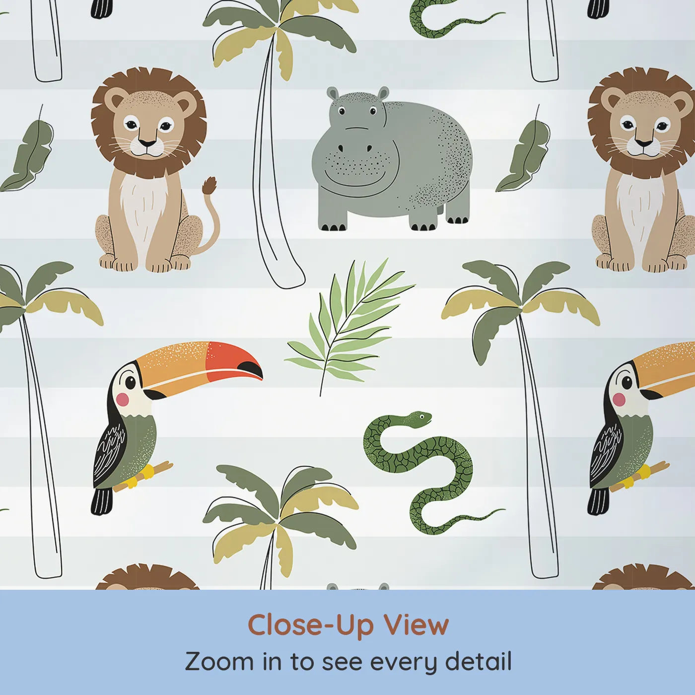Close-up view of Whimsy Tots' Striped Safari Friends Wallpaper (W2343).Where a whole crew of safari animals is ready for adventure.