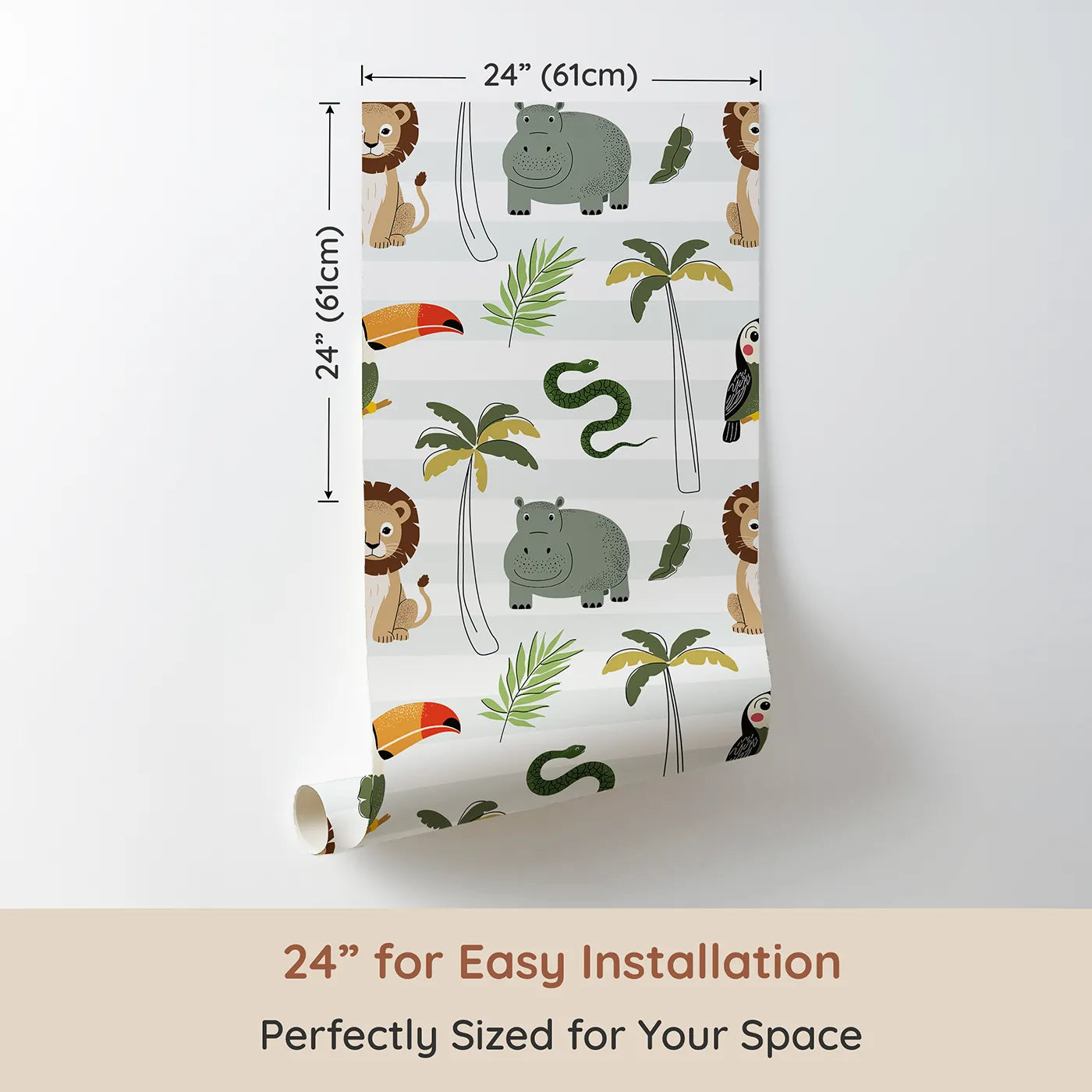 Dimension view of Whimsy Tots Striped Safari Friends Wallpaper (W2343). Printed in 24-inch-wide panel for easy installation. Where a whole crew of safari animals is ready for adventure.