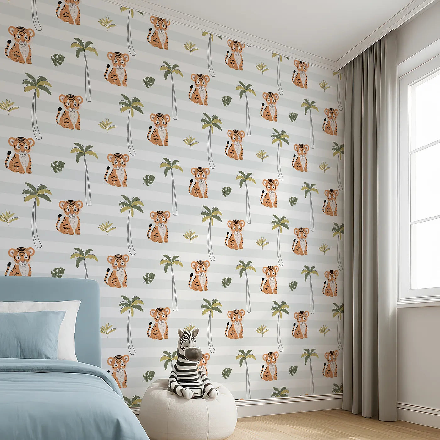 Angled view of Whimsy Tots' Striped Tiger Jungle Wallpaper (W2344).Where a gentle tiger cub is waiting to play.