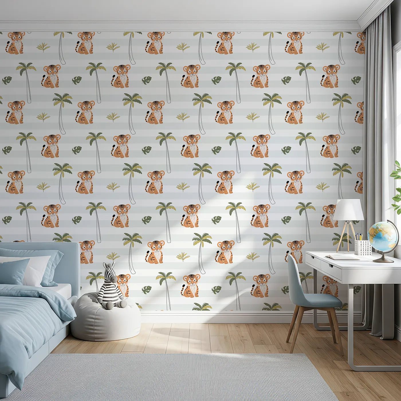 Front view of Whimsy Tots' Striped Tiger Jungle Wallpaper
