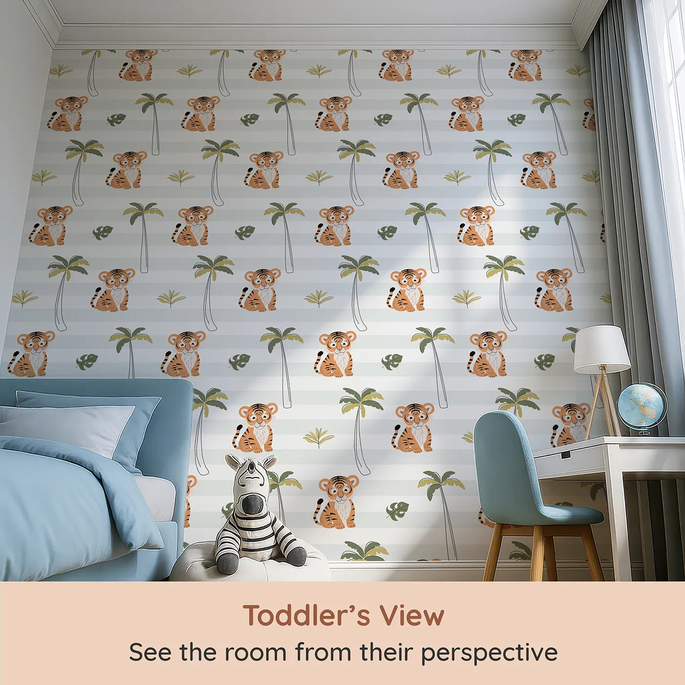 Whimsy Tots Striped Tiger Jungle Wallpaper (W2344) from your child's view.Where a gentle tiger cub is waiting to play.
