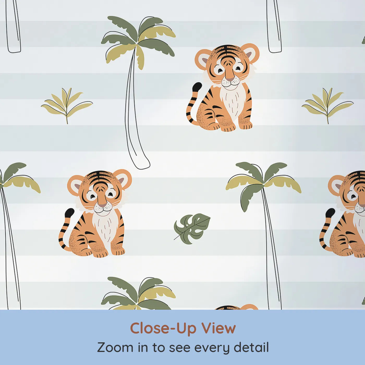 Close-up view of Whimsy Tots' Striped Tiger Jungle Wallpaper (W2344).Where a gentle tiger cub is waiting to play.
