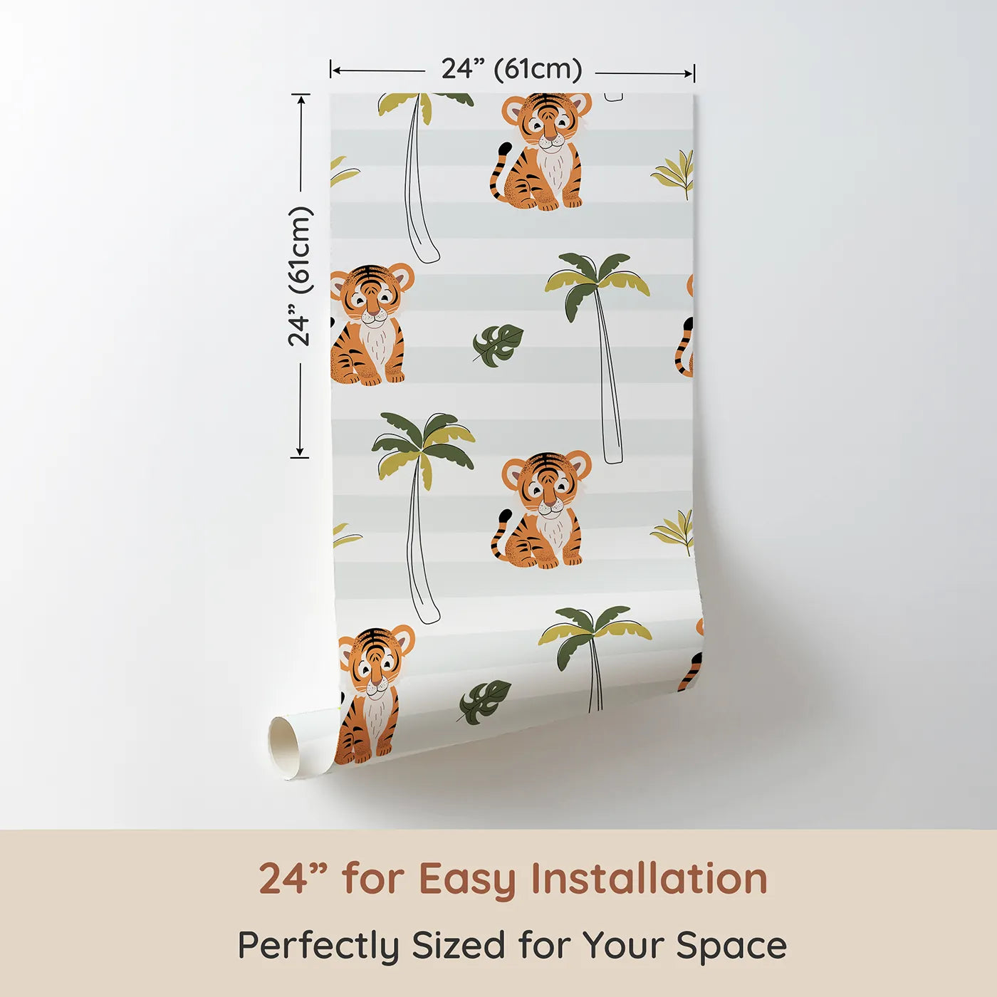 Dimension view of Whimsy Tots Striped Tiger Jungle Wallpaper (W2344). Printed in 24-inch-wide panel for easy installation. Where a gentle tiger cub is waiting to play.