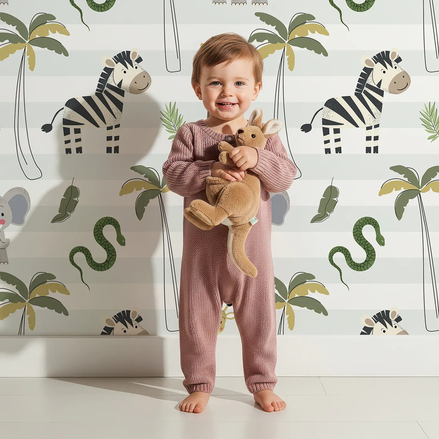 Lovely child standing in front of Whimsy Tots Striped Safari Parade Wallpaper with safari, zebra, giraffe, elephant, palm tree in design.