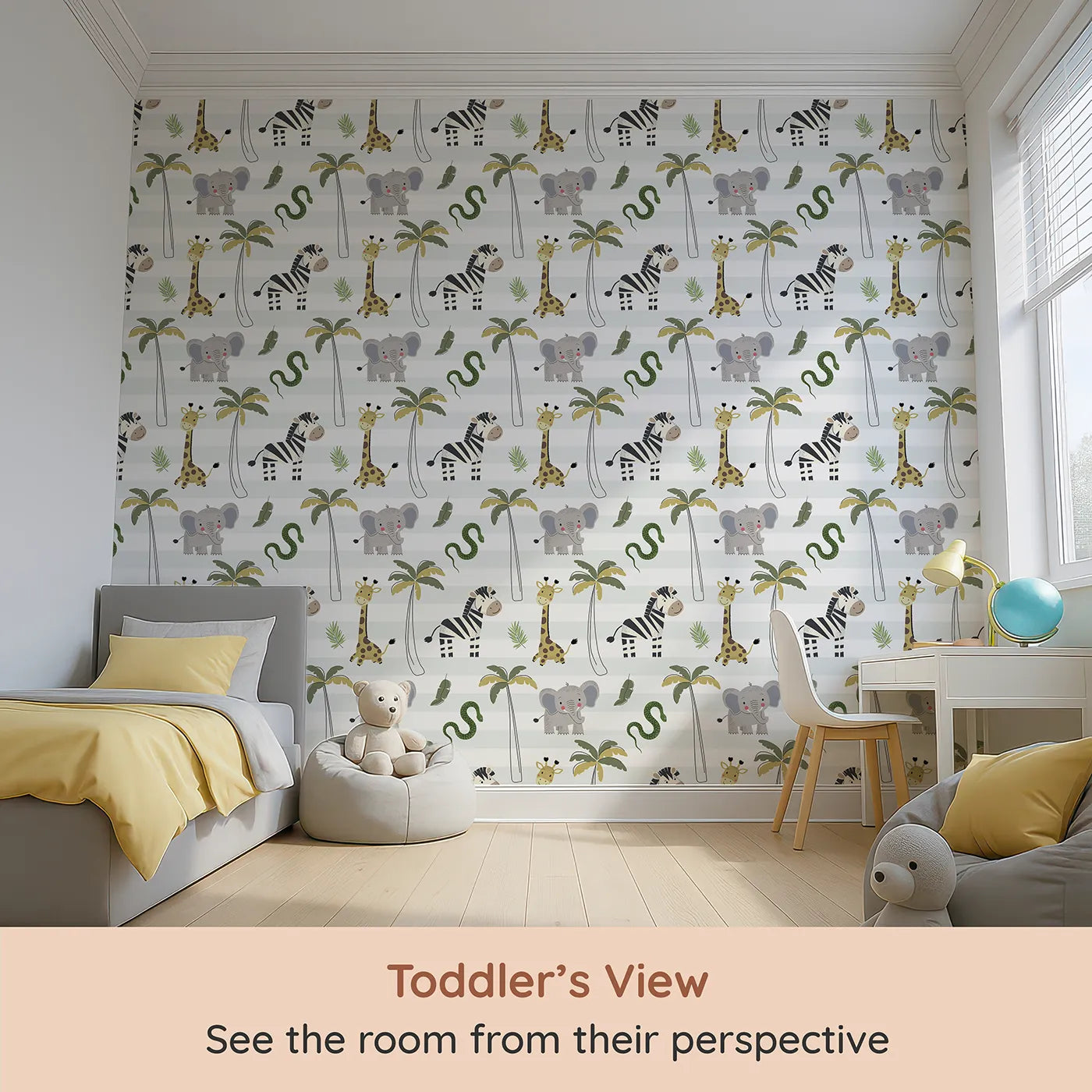 Whimsy Tots Striped Safari Parade Wallpaper (W2345) from your child's view.Where a whole parade of safari friends is on the move.